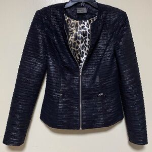 Anthracite Textured Black Faux Leather Jacket Sz 2 - Leopard Lining Preppy Goth